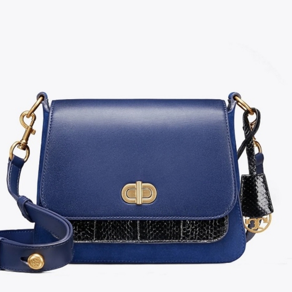 Tory Burch Bennett Navy leather mixed  suede croc shoulder saddle bag satchel